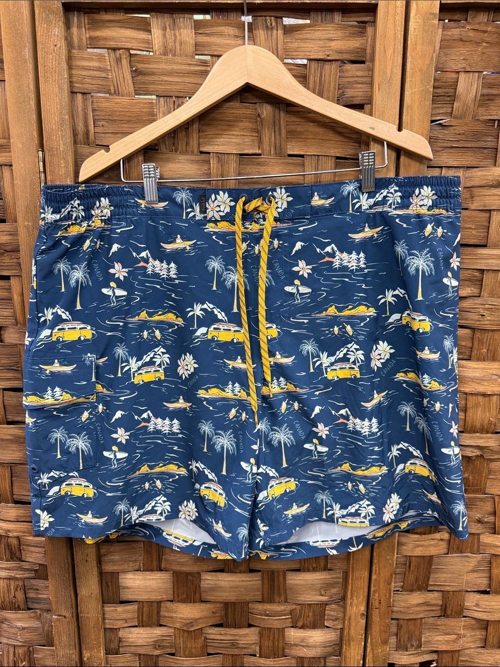Men's Navy Tropical Print Swim Board Shorts with Yellow Accents